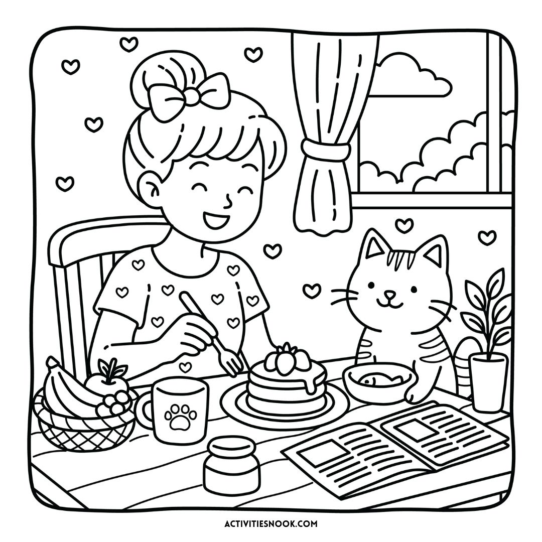 A girl enjoying pancakes at a table with a cat beside her, surrounded by a basket of fruit and a cup.