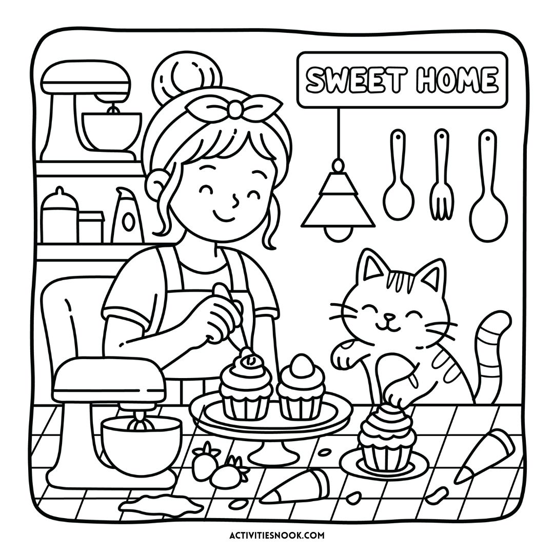 A girl decorating cupcakes in a kitchen with a cat beside her, surrounded by baking tools and a sign that says 'Sweet Home'.