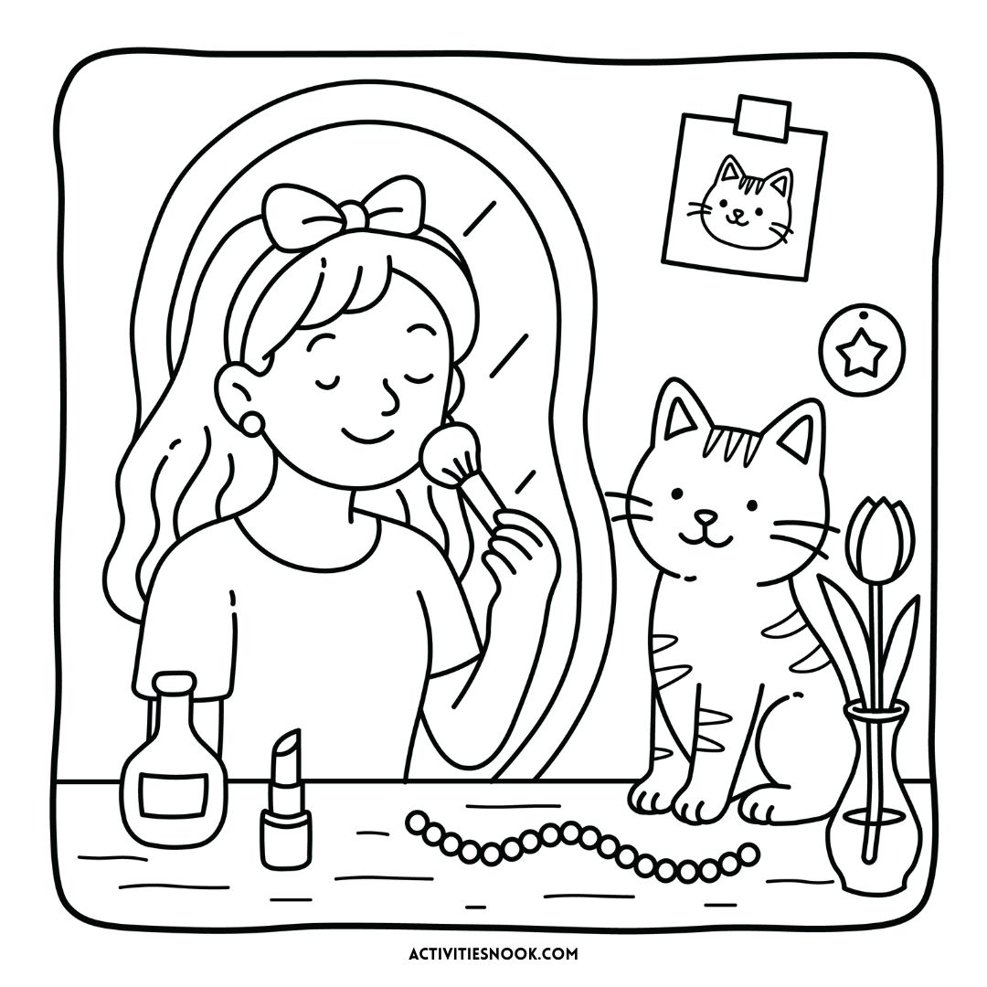 Line art illustration of a girl applying makeup in front of a mirror with a cat and flowers on the table.