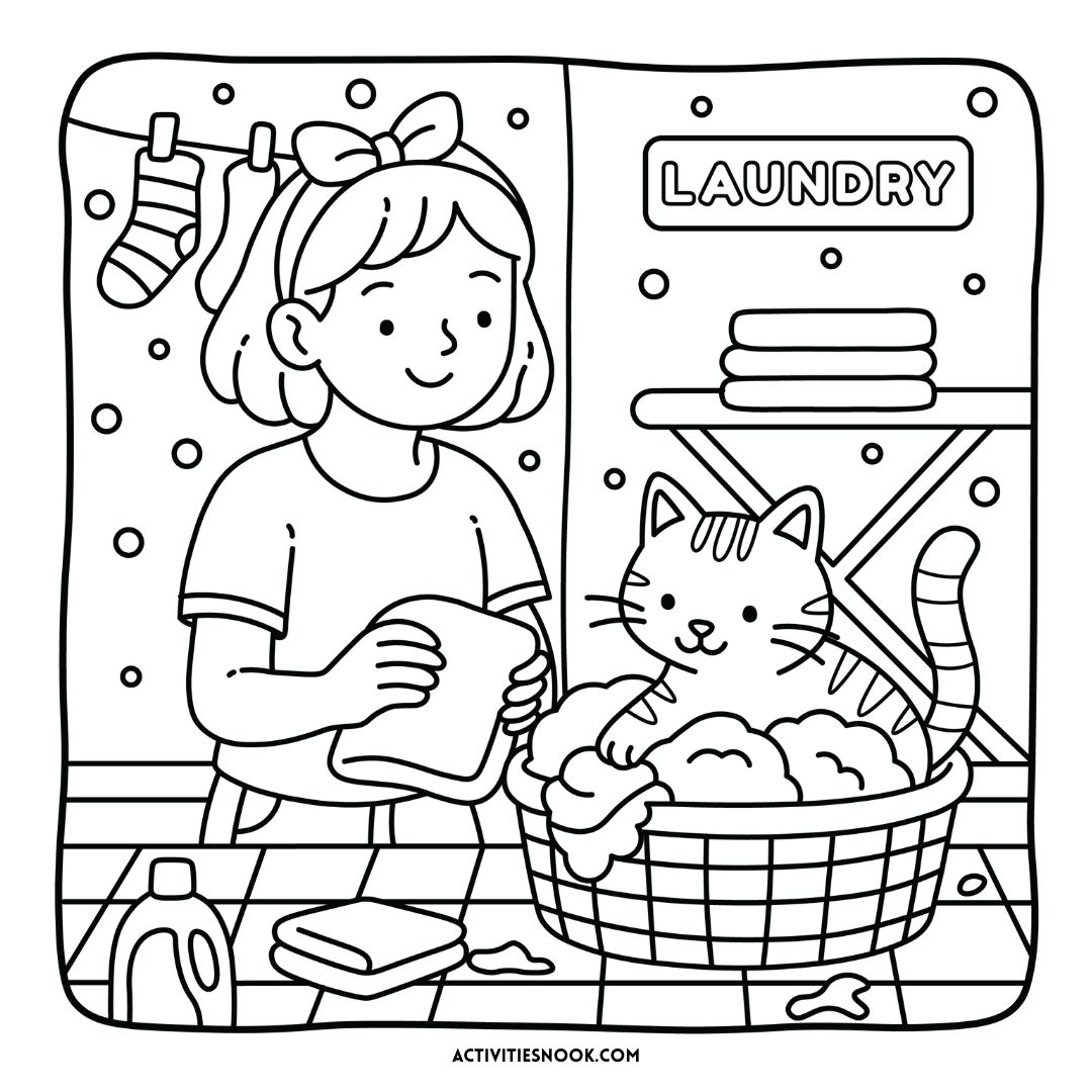 Coloring page featuring a girl doing laundry with a cat in a basket and laundry supplies.