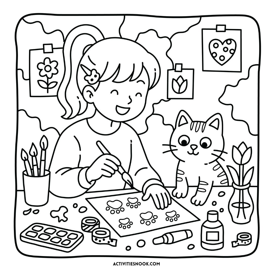 A girl coloring on a sheet of paper with a cat beside her, surrounded by art supplies and drawings.