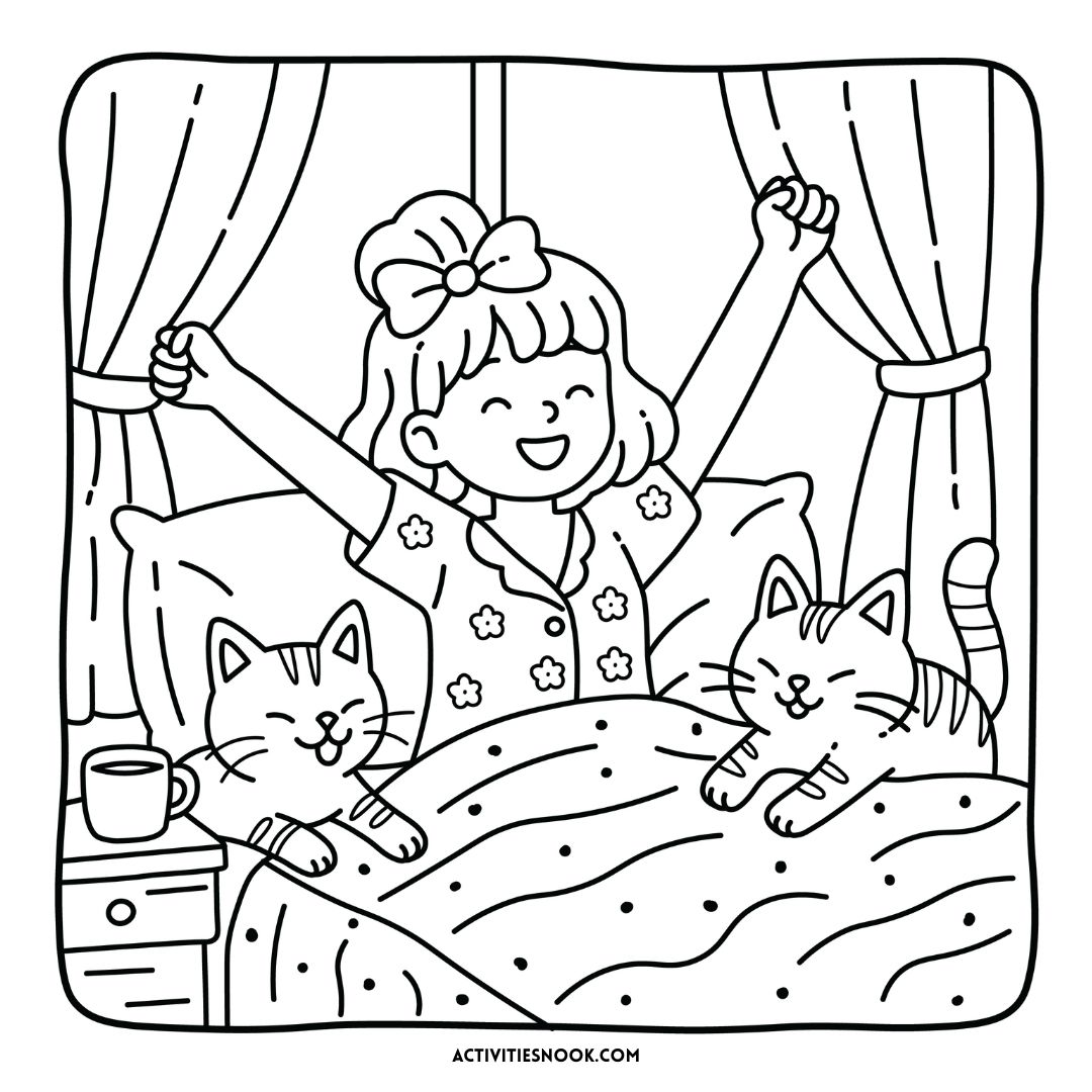 Coloring page featuring a girl waking up in bed with two cats beside her, smiling and stretching.