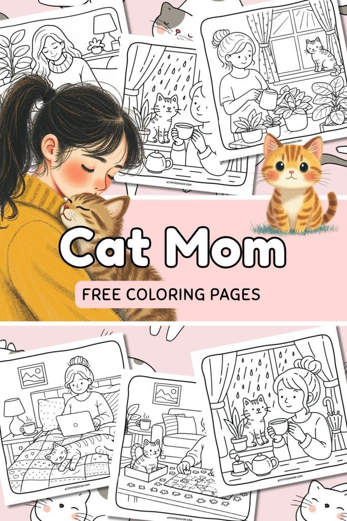 Illustration of 'Cat Mom' themed coloring pages featuring a girl with a cat and various cozy indoor scenes.
