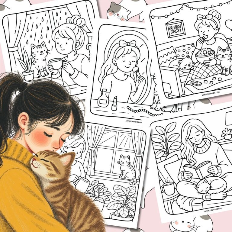 Coloring pages featuring a girl cuddling a cat, a woman drinking tea, and various cat-themed illustrations.