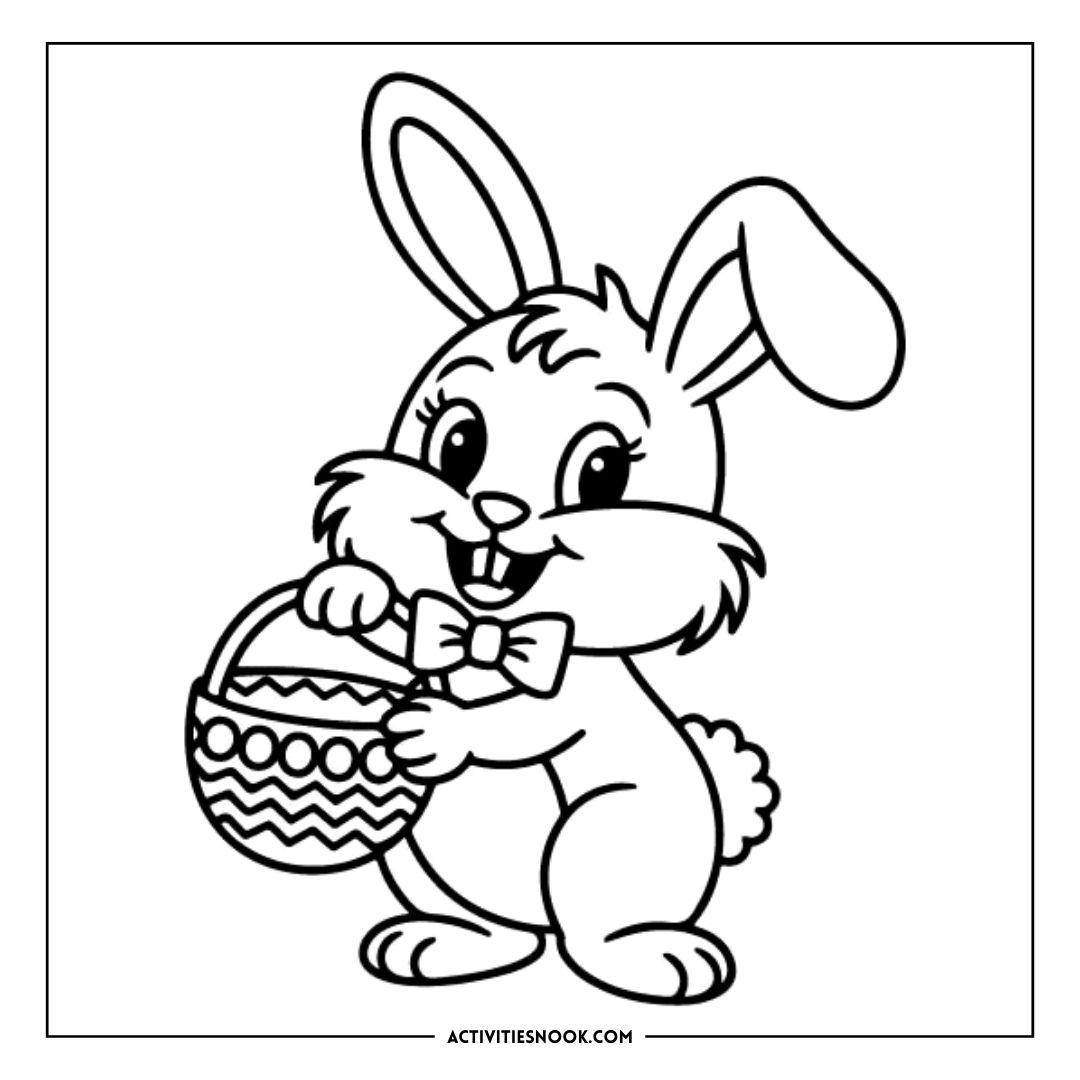 Cartoon Easter Bunny holding a decorated basket, suitable for coloring activities.
