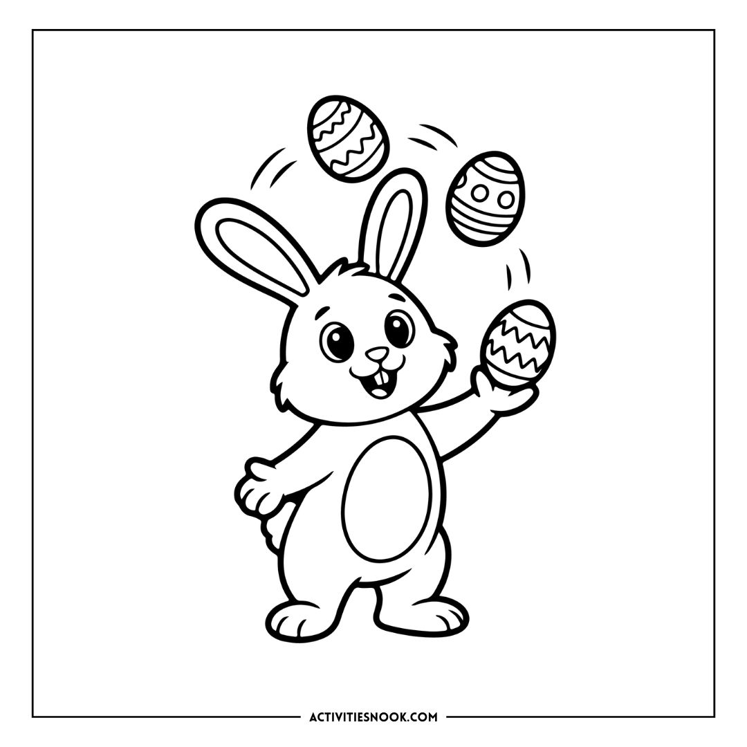 Coloring page featuring a cartoon Easter Bunny juggling three decorated eggs with a cheerful expression.
