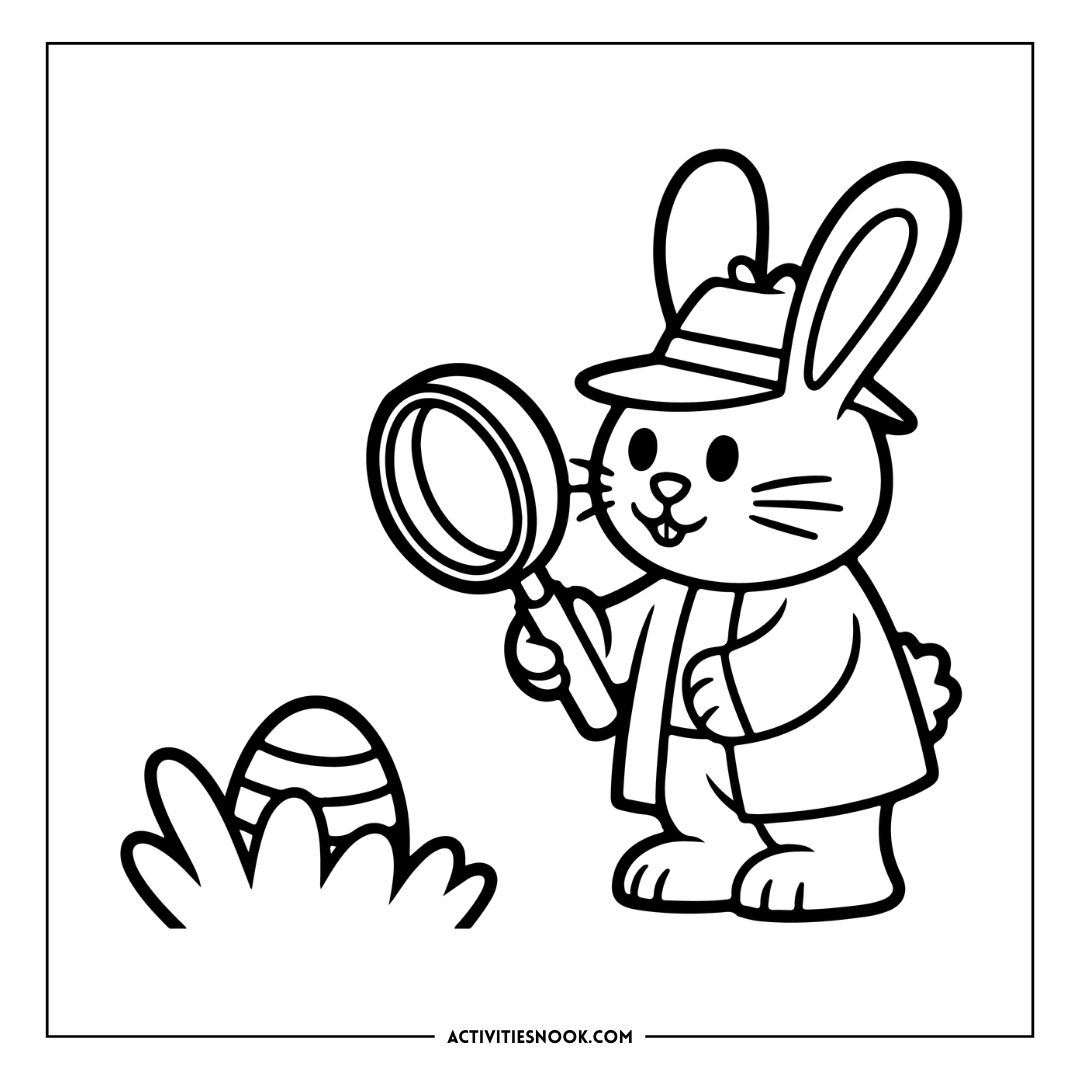 Cartoon bunny wearing a hat and holding a magnifying glass next to a decorated Easter egg.