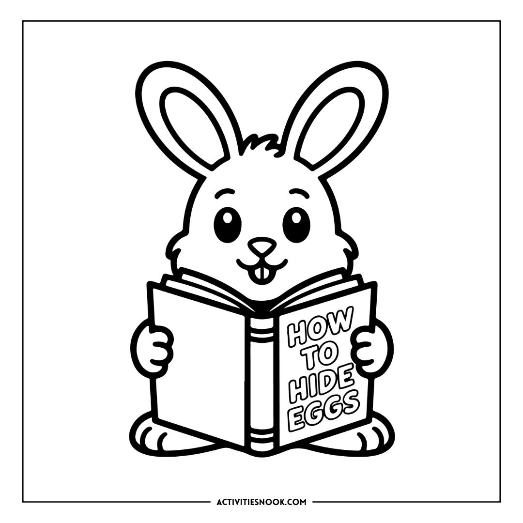 Cartoon bunny holding a book titled 'How to Hide Eggs' with a cheerful expression.