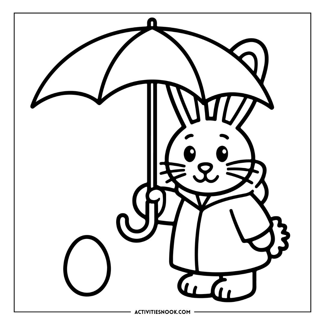 Cartoon bunny holding an umbrella while standing next to an Easter egg in a coloring page design.