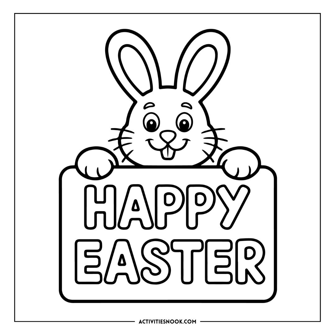 Cartoon Easter Bunny holding a sign that says 'Happy Easter' in bold letters.