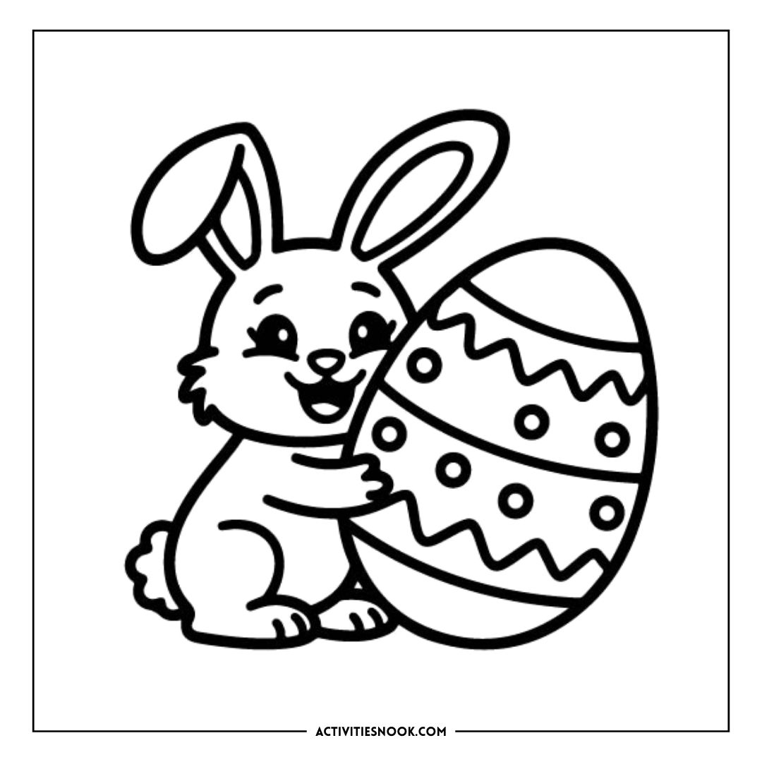 Cartoon Easter Bunny holding a decorated egg with colorful patterns for coloring activities.