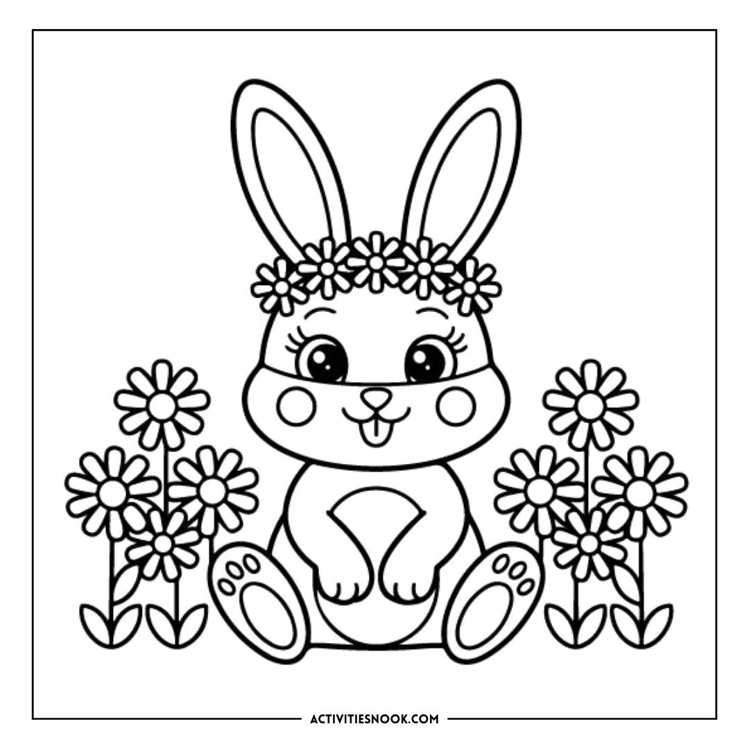 Coloring page featuring a cute bunny with a flower crown sitting among daisies.