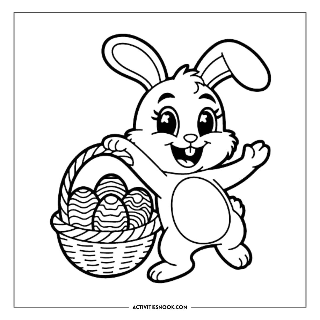 Cartoon Easter Bunny holding a basket filled with decorated eggs in a black and white coloring page.
