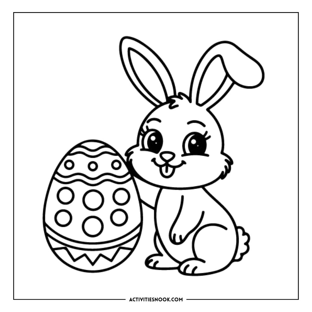 Coloring page featuring a cartoon bunny next to a decorated Easter egg with polka dots.
