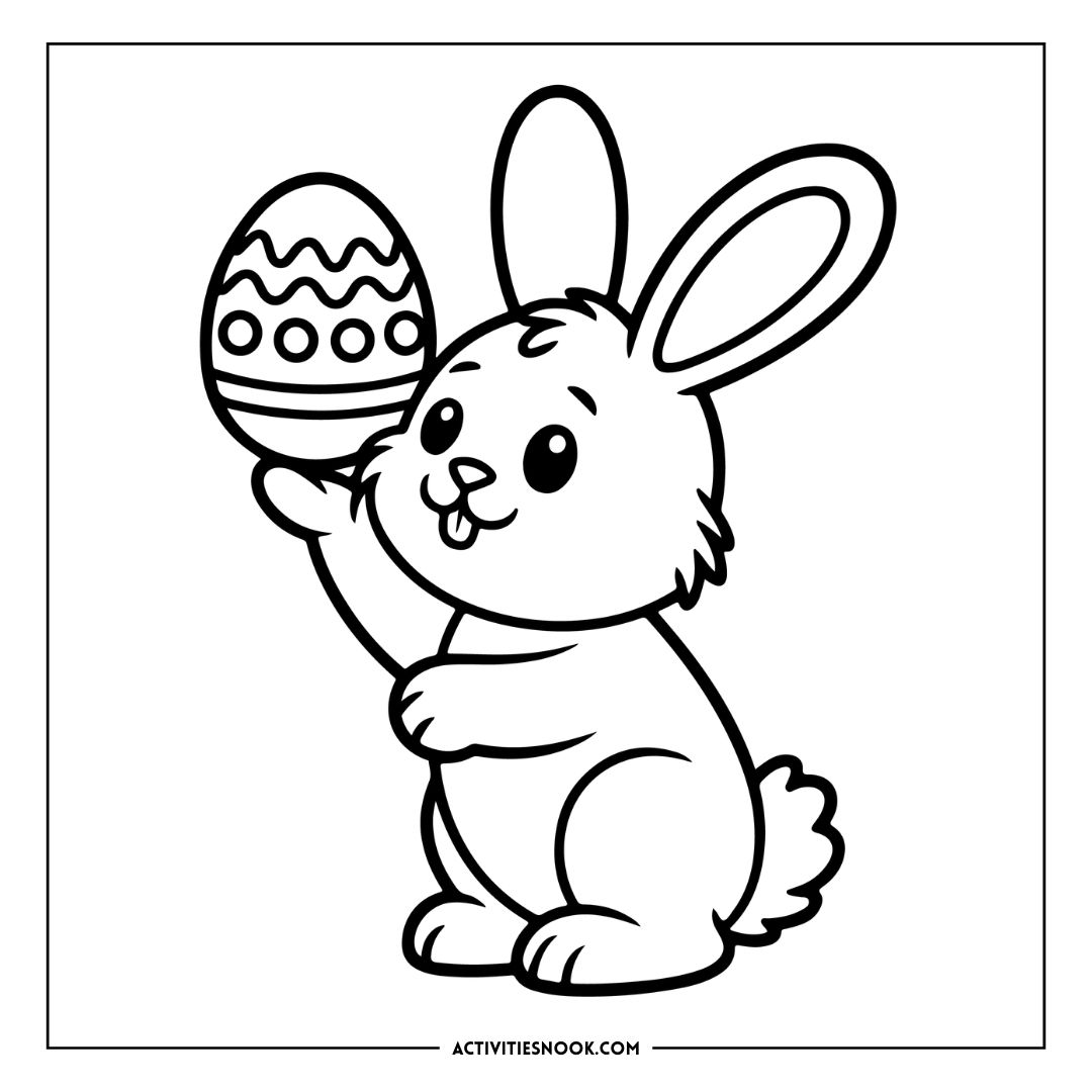 Cartoon-style Easter Bunny holding a decorated egg in a coloring page design.