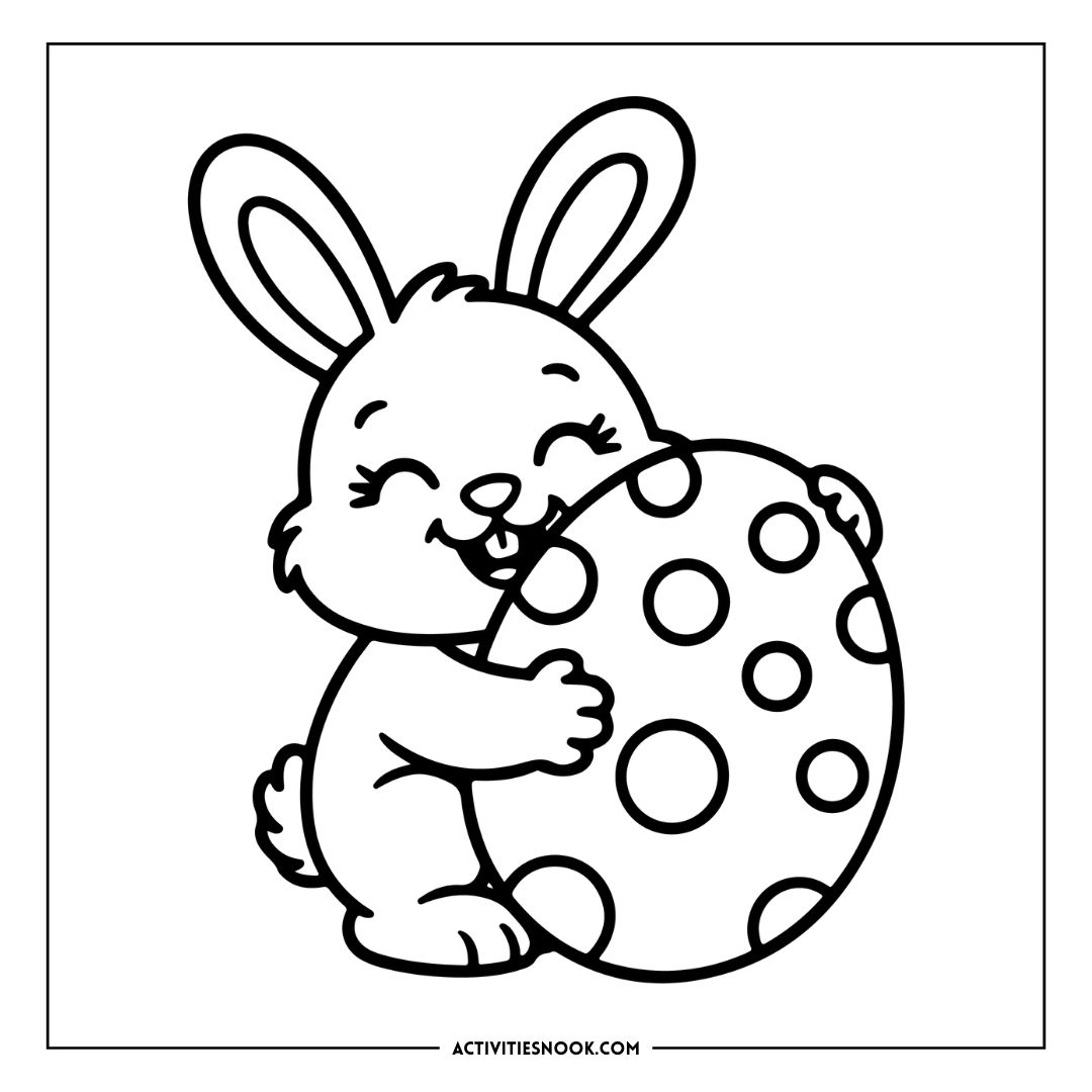 Cartoon-style Easter Bunny holding a decorated egg with polka dots in a coloring page format.
