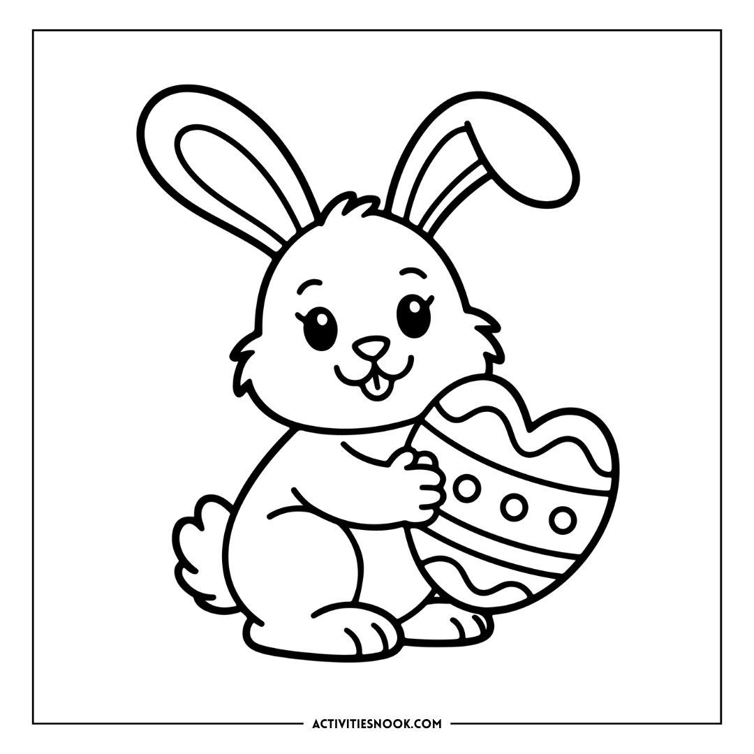 Cartoon Easter Bunny holding a decorated egg with a cheerful expression, suitable for coloring activities.