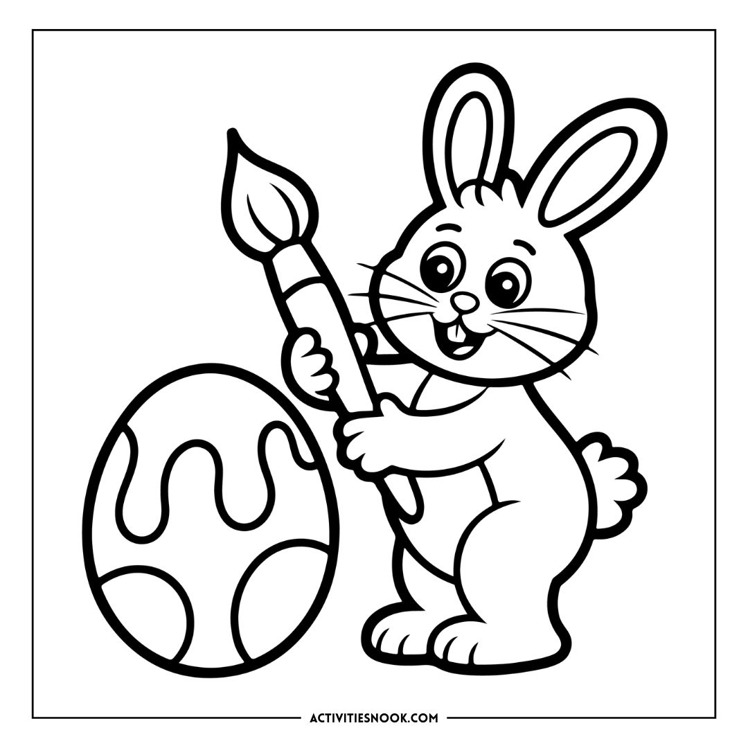 Cartoon-style Easter Bunny holding a paintbrush next to a decorated Easter egg in black and white outline.