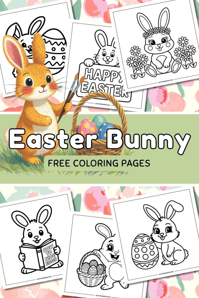 Easter Bunny illustration with free coloring pages featuring decorated eggs and festive designs for children.