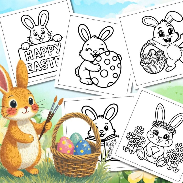 Coloring pages featuring Easter bunnies, eggs, and flowers, designed for creative activities.