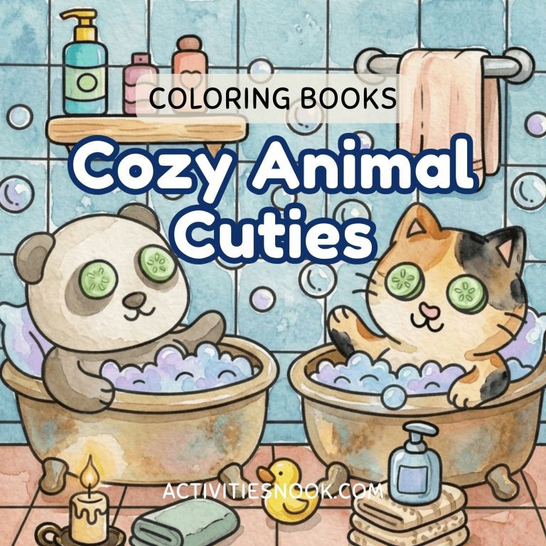Cozy Animal Cuties coloring book cover showing two cute animals in bubbly bath tubs, bathroom tiles, and bath accessories under bold title text for relaxing coloring sessions.