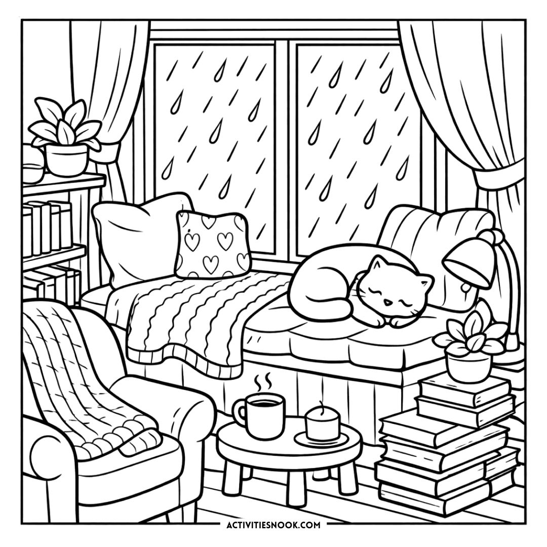 Cozy reading nook interior featuring a sleeping cat on a cushioned sofa by rain-streaked windows, stacked books, a small coffee table, and potted plants.