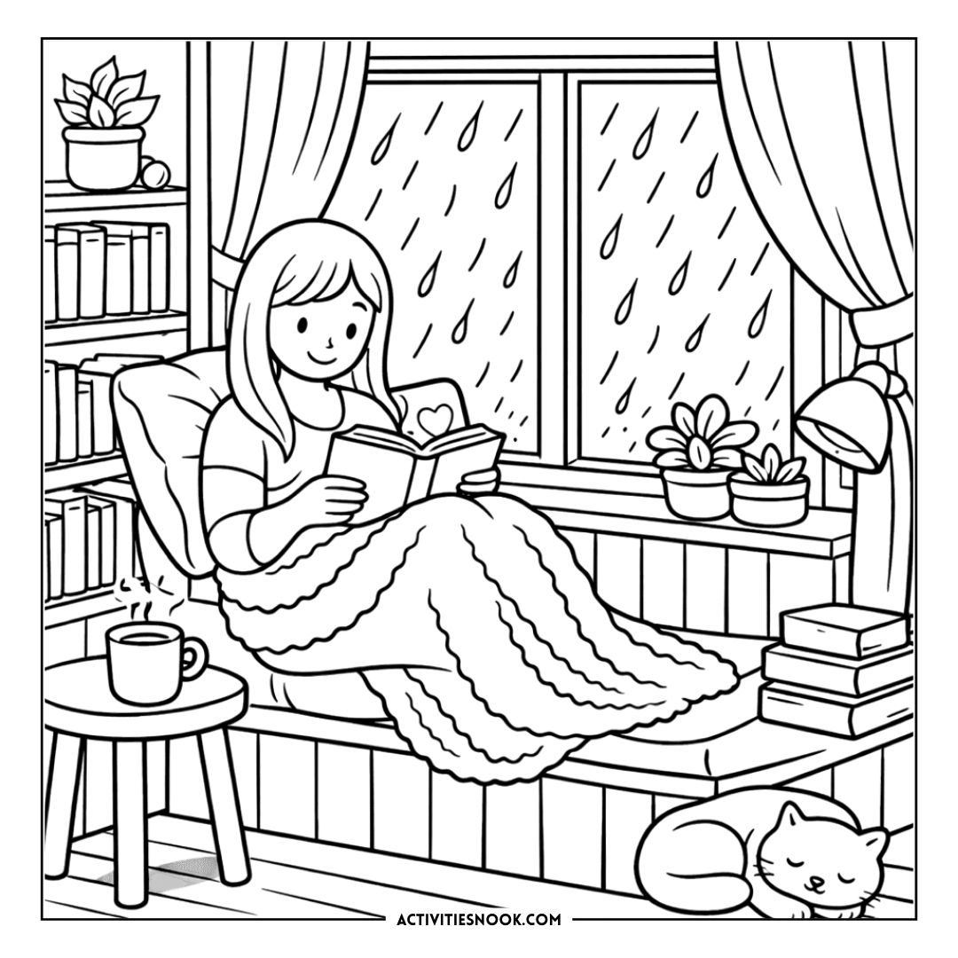 Cozy Reading Nook scene: a girl sits on a window bench under a blanket, reading a book as rain falls outside, with plants nearby.