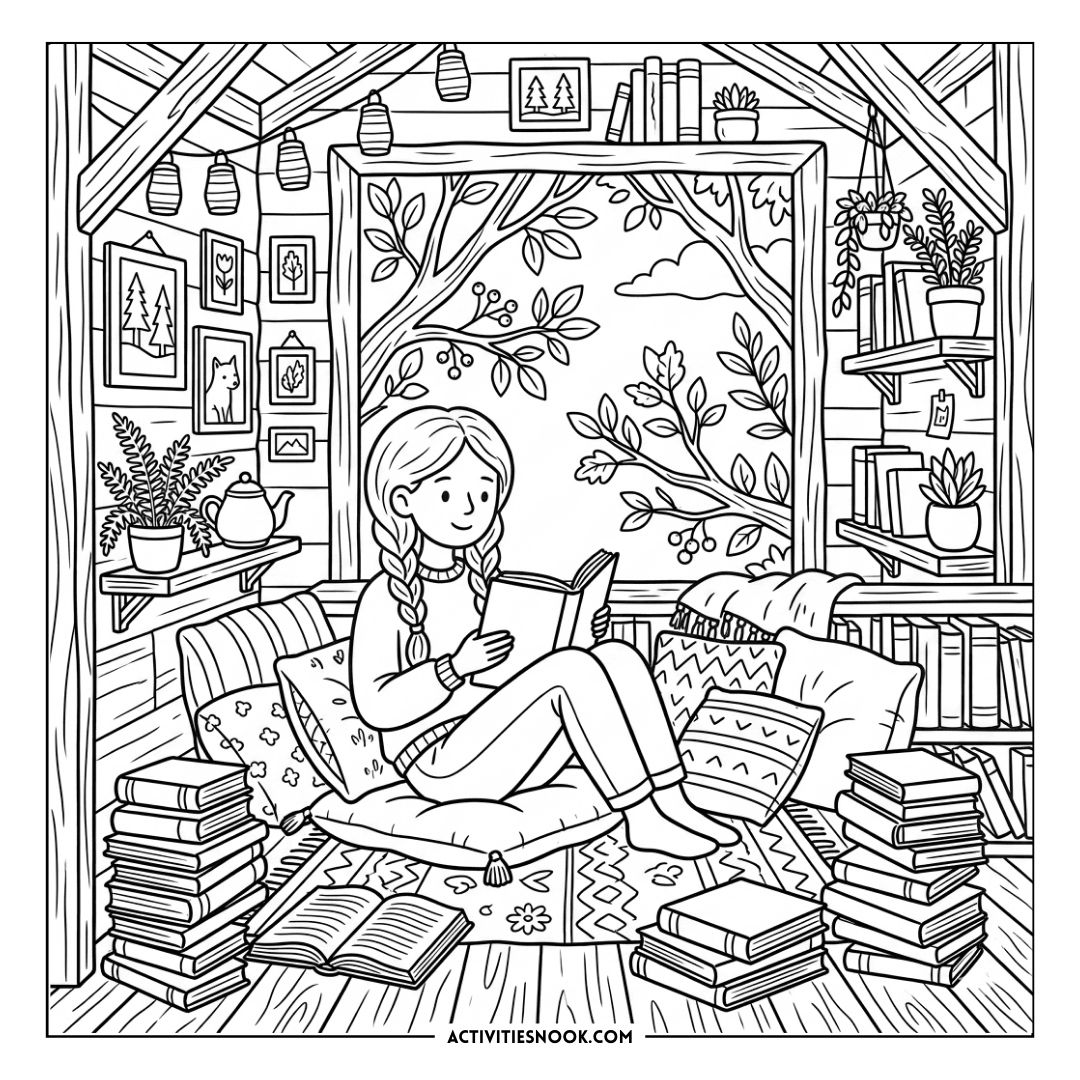 Cozy reading nook featuring a girl seated on a cushioned bench reading a book, surrounded by stacked books, potted plants, and framed art.