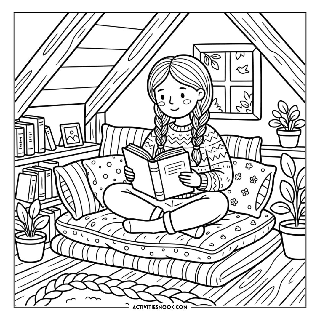 Illustration of a cozy reading nook: a girl with braids sits cross-legged on a cushioned bed, reading a book among windows, plants, and bookshelves