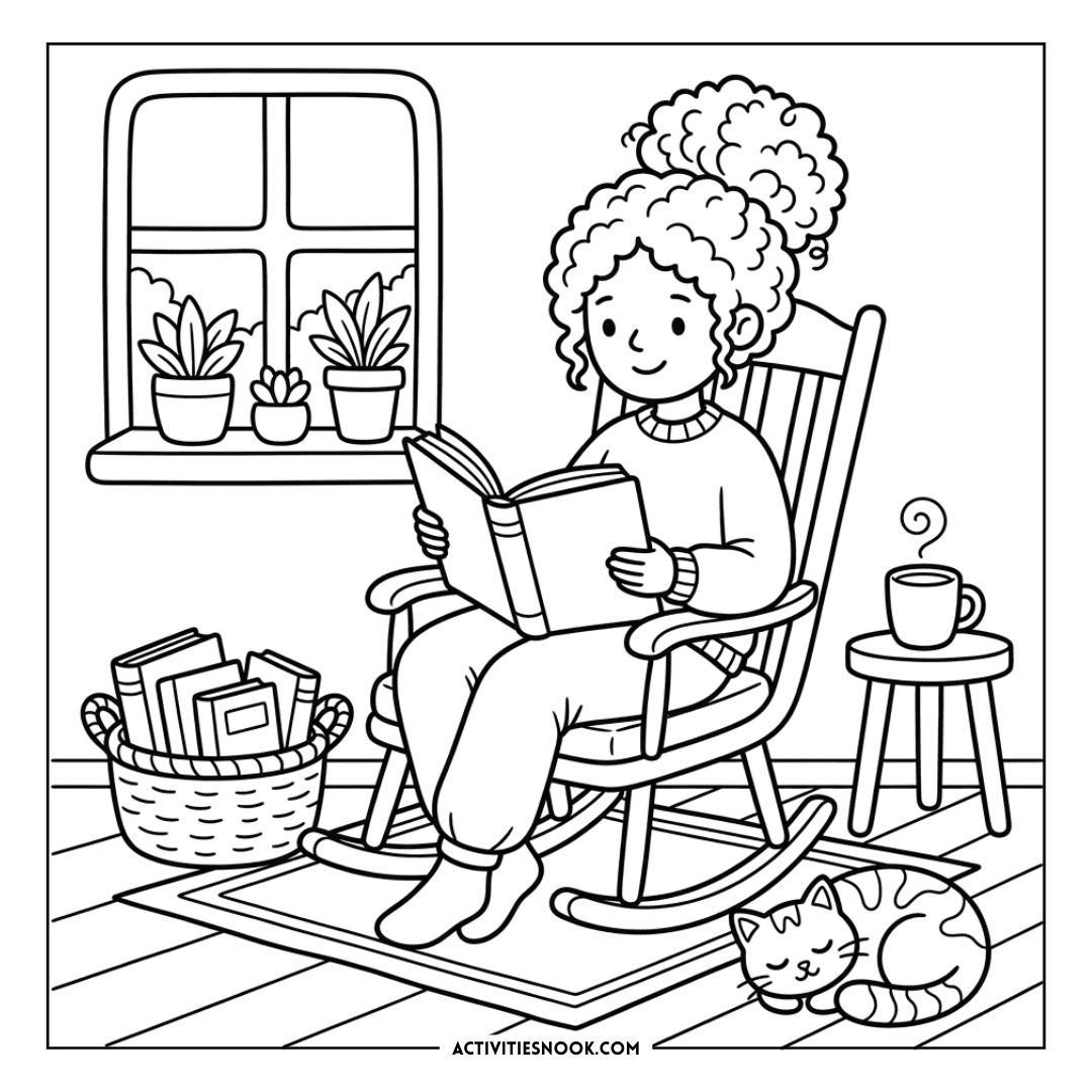 Cozy reading nook with a person in a rocking chair reading a book by a window with potted plants, a basket of books, and a sleeping cat.
