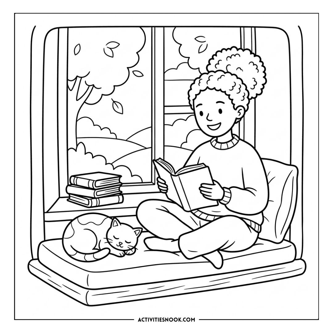 Person sits cross-legged in a cozy window reading nook, absorbed in a book as a cat naps nearby; a stack of books rests on the sunny windowsill.
