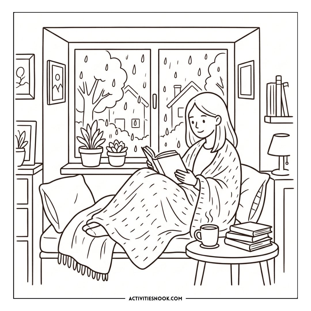 Cozy Reading Nook 15: an illustration of a girl wrapped in a blanket reading near a rainy window, with a mug, plants, and a small stack of books nearby.