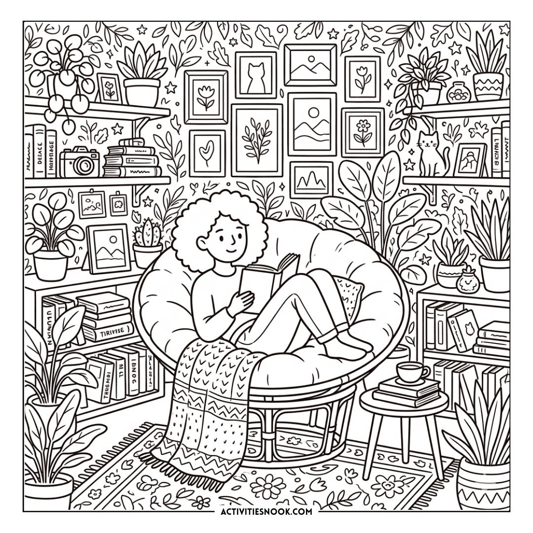 Line drawing of a person with curly hair relaxing in a round cushioned chair, reading a book amid shelves, houseplants, and framed art in a cozy nook.