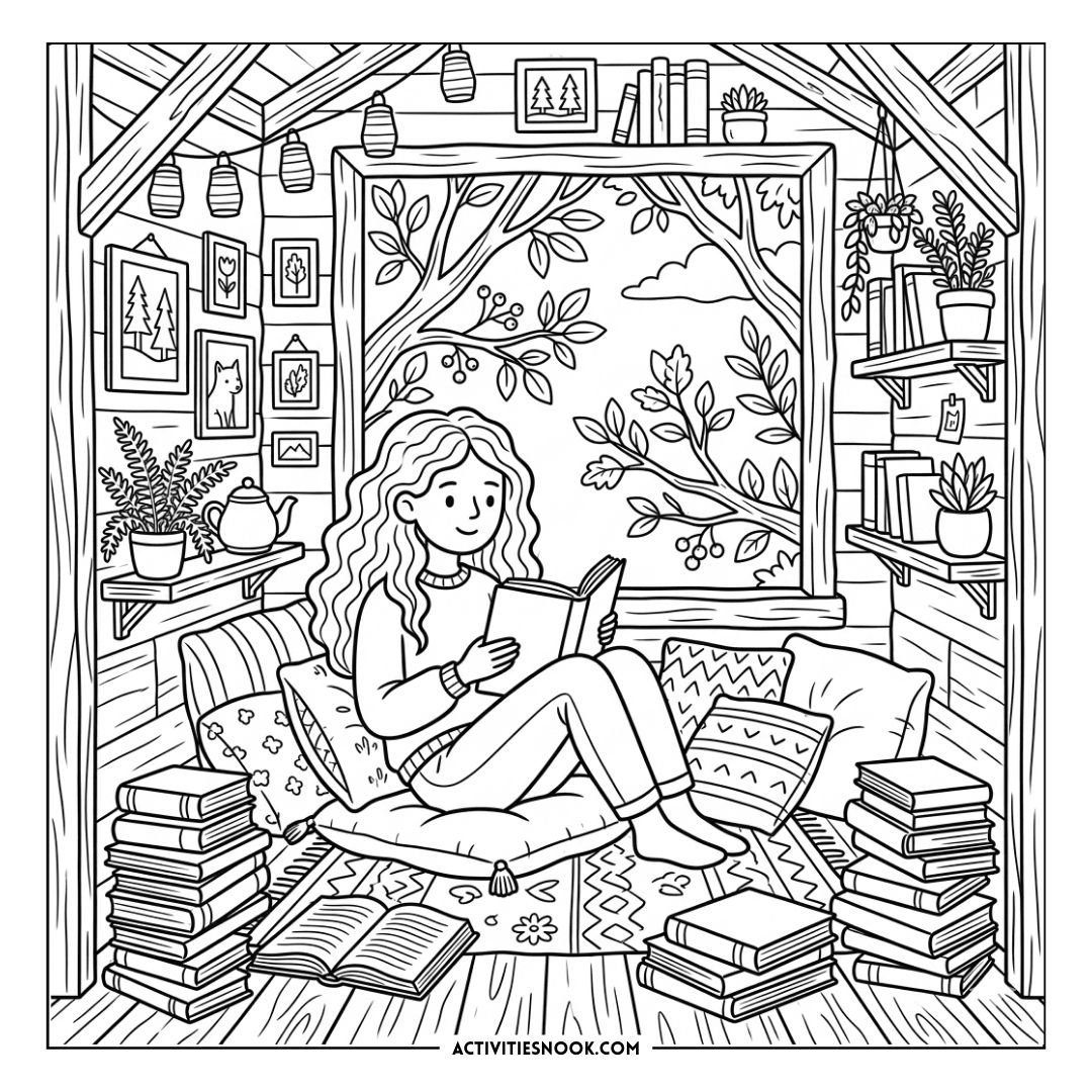 Cozy reading nook with a girl sitting on a cushioned bench, surrounded by stacked books, potted plants, and a large window overlooking trees.