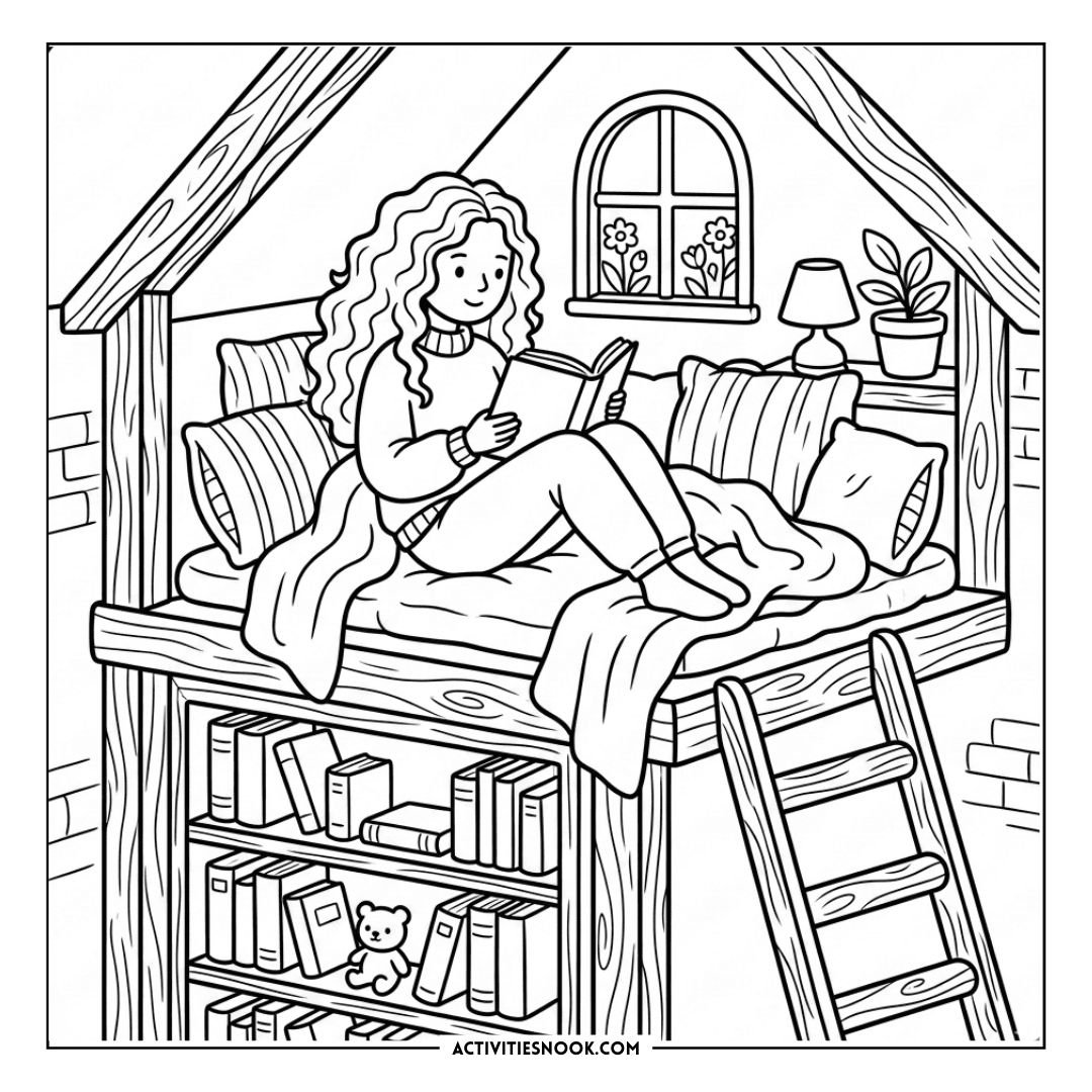 Curly-haired girl sits on a loft bed reading a book, wrapped in a blanket with pillows, beside a ladder, window, and a bookshelf beneath.