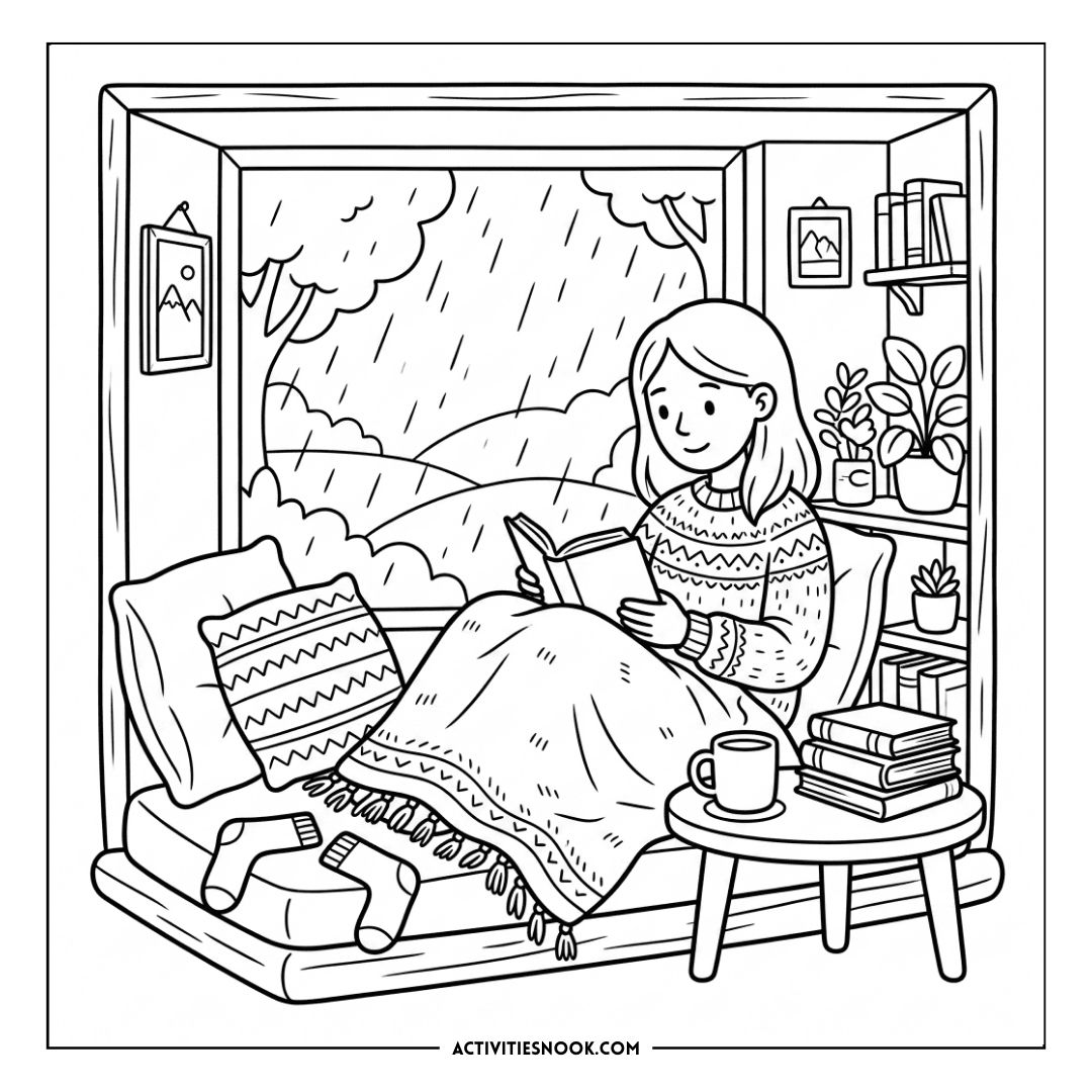 Cozy indoor reading nook illustration featuring a girl in a sweater on a cushioned window seat reading a book while rain streams down the window