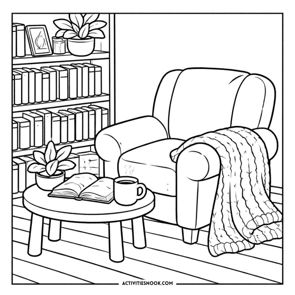 Cozy Reading Nook Coloring Pages - Activities Nook