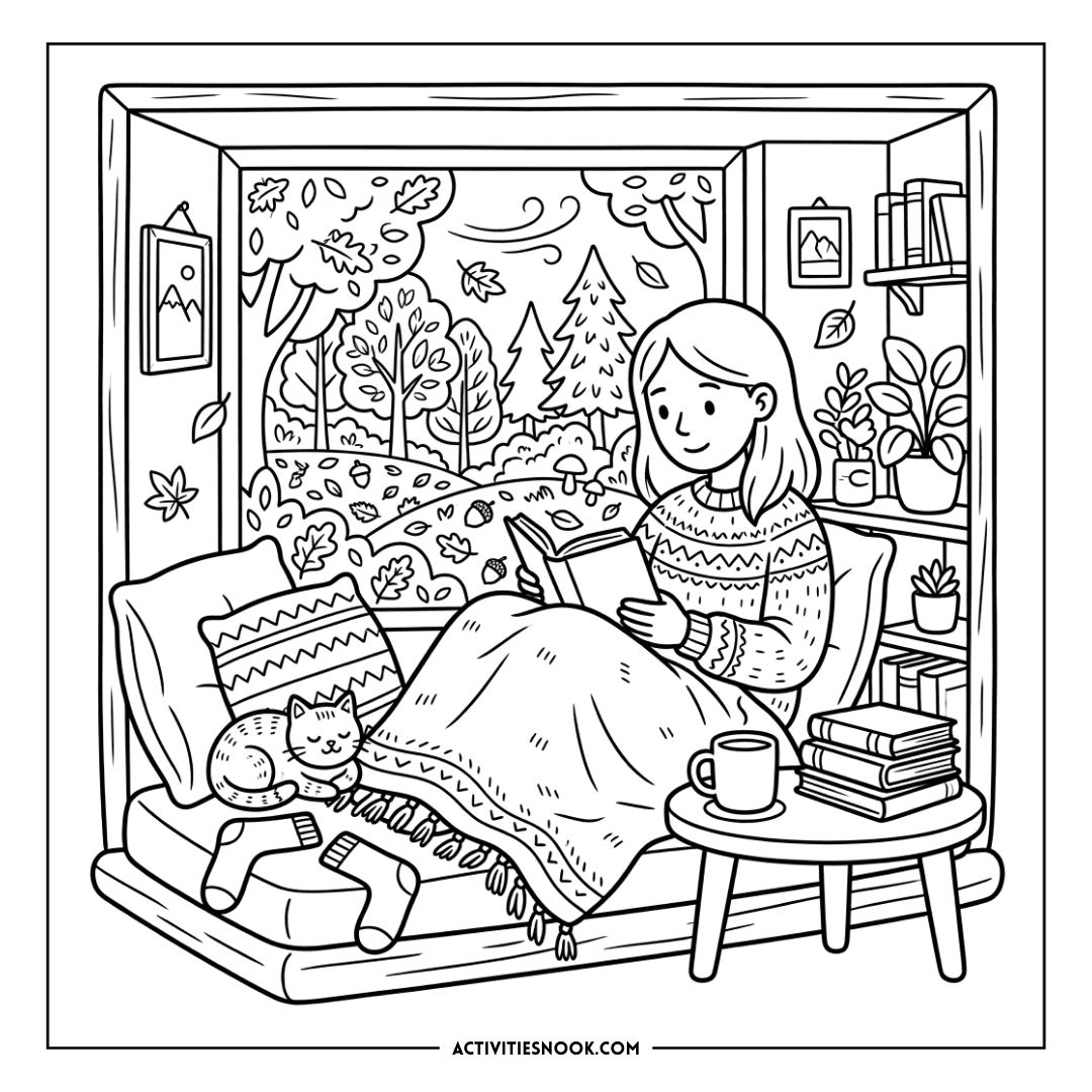 Cozy indoor reading nook with a young girl under a patterned blanket reading a book on a cushioned sofa, a cat nearby, and an autumn garden visible through the window.