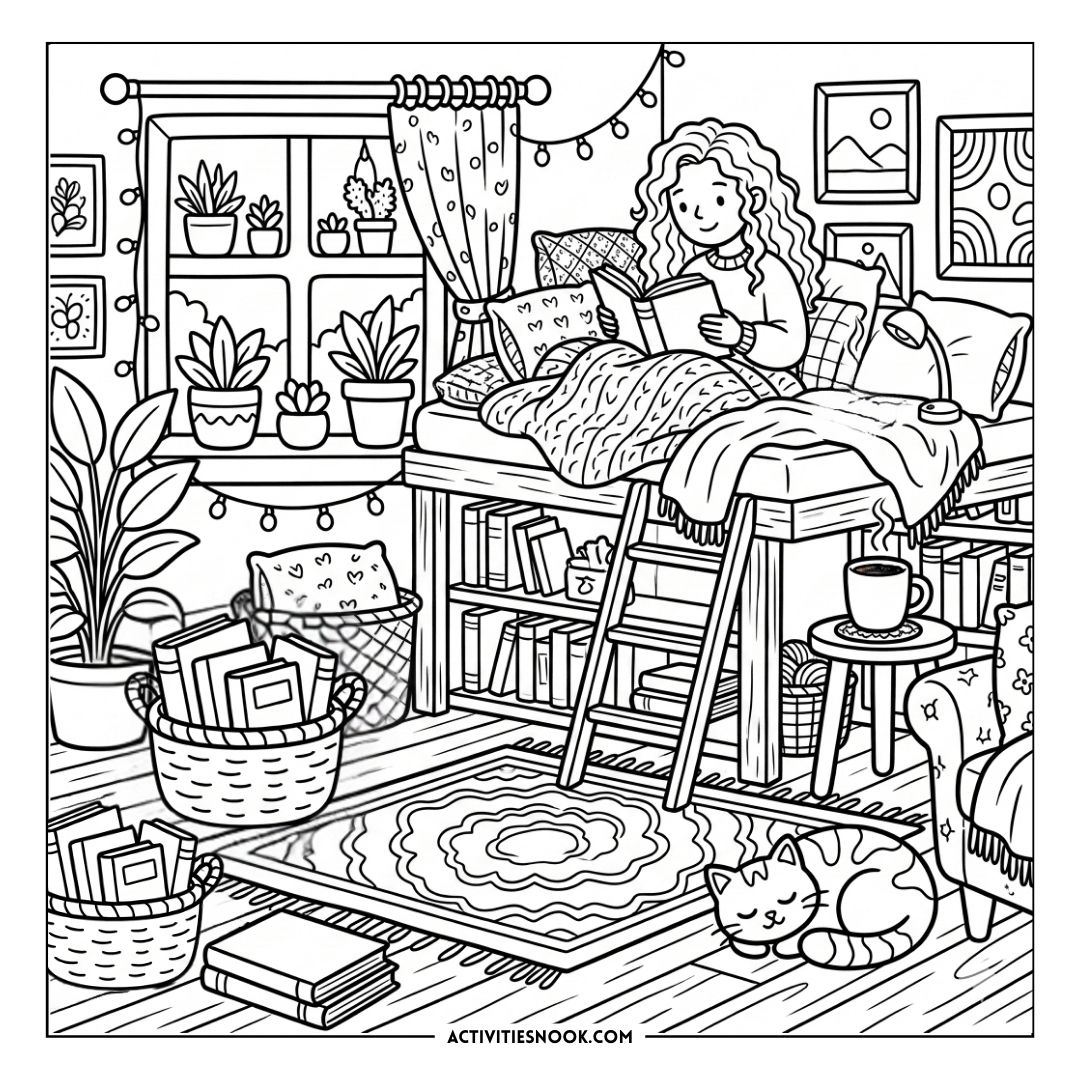 Line drawing of a cozy reading nook with a person reading on a loft bed, surrounded by potted plants, shelves, a rug, and a cat nearby.
