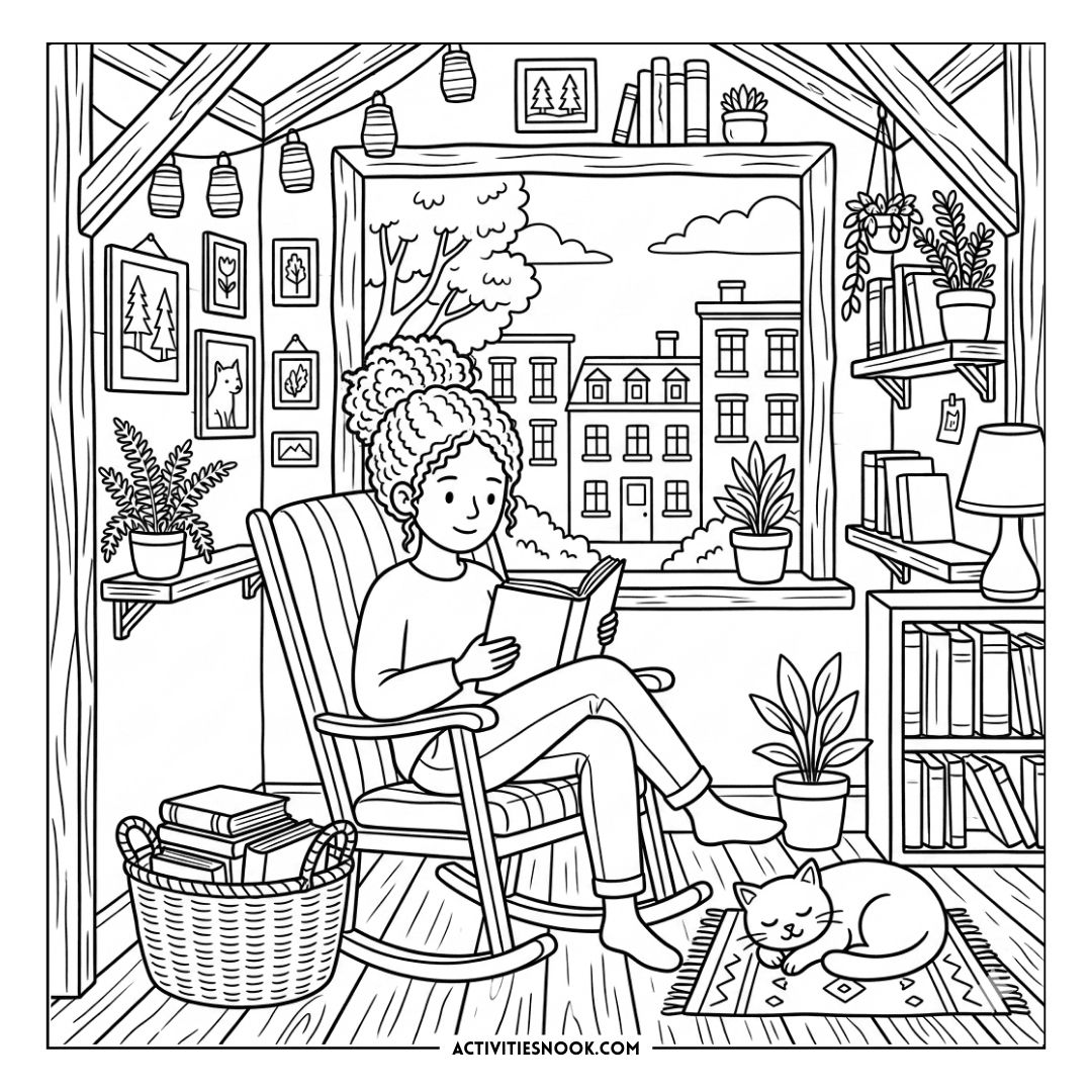 Cozy reading nook interior with a person in a rocking chair reading a book by a large window, surrounded by potted plants, a sleeping cat on a rug, and a bookshelf nearby