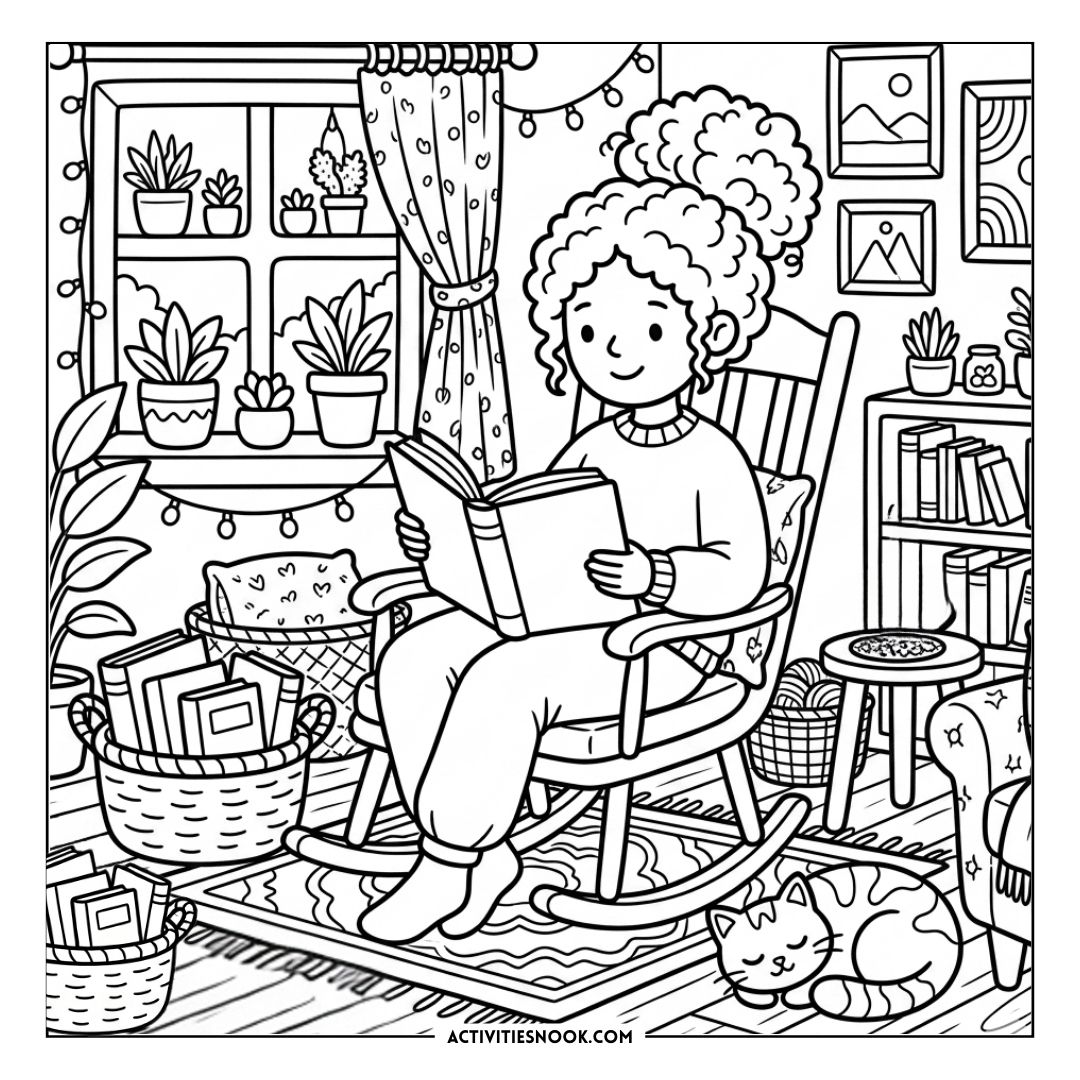 Person with curly hair sits in a rocking chair reading a book in a cozy reading nook filled with potted plants, a window, and string lights.