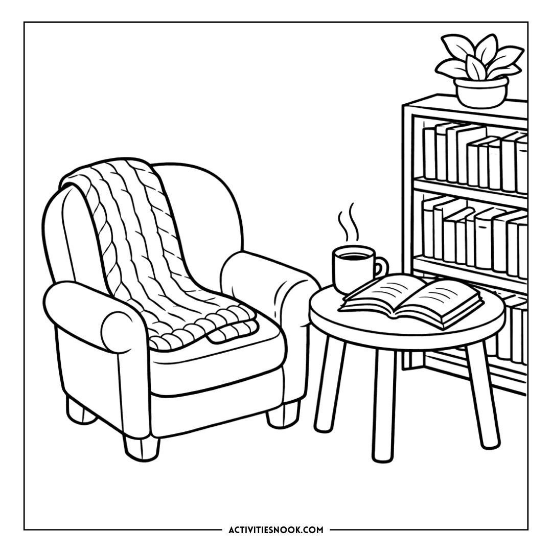 Cozy reading nook with a plush armchair, knitted blanket, steaming mug on a round table, open book, bookcase, and a potted plant in a calm home study corner.