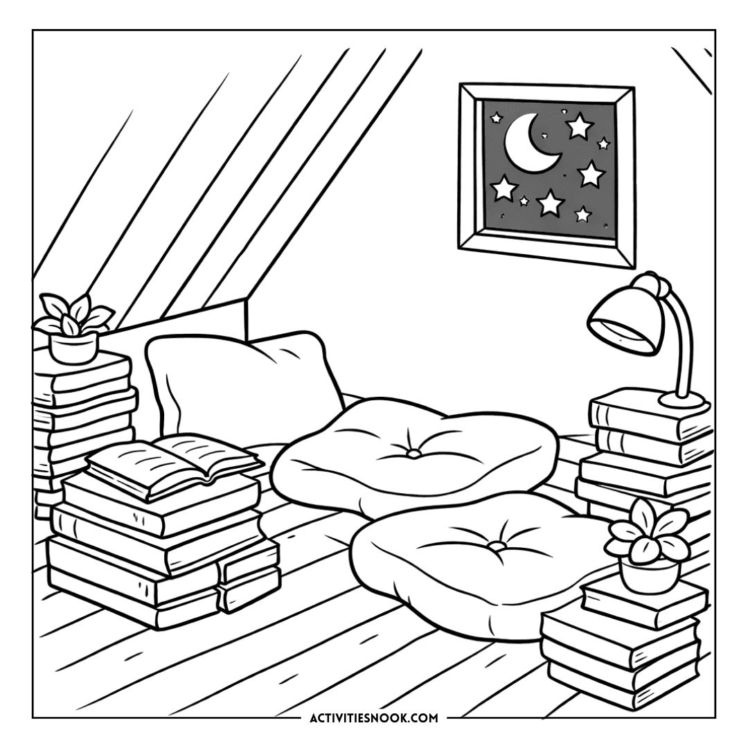 Line drawing of a cozy reading nook: cushions on the floor surrounded by tall stacks of books, a small plant, a curved desk lamp, and a framed moon-and-stars window.