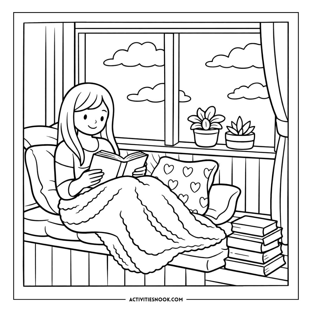Cozy reading nook illustration: a person sits on a cushioned sofa by a window, reading a book under a plush blanket with potted plants and a stack of books nearby
