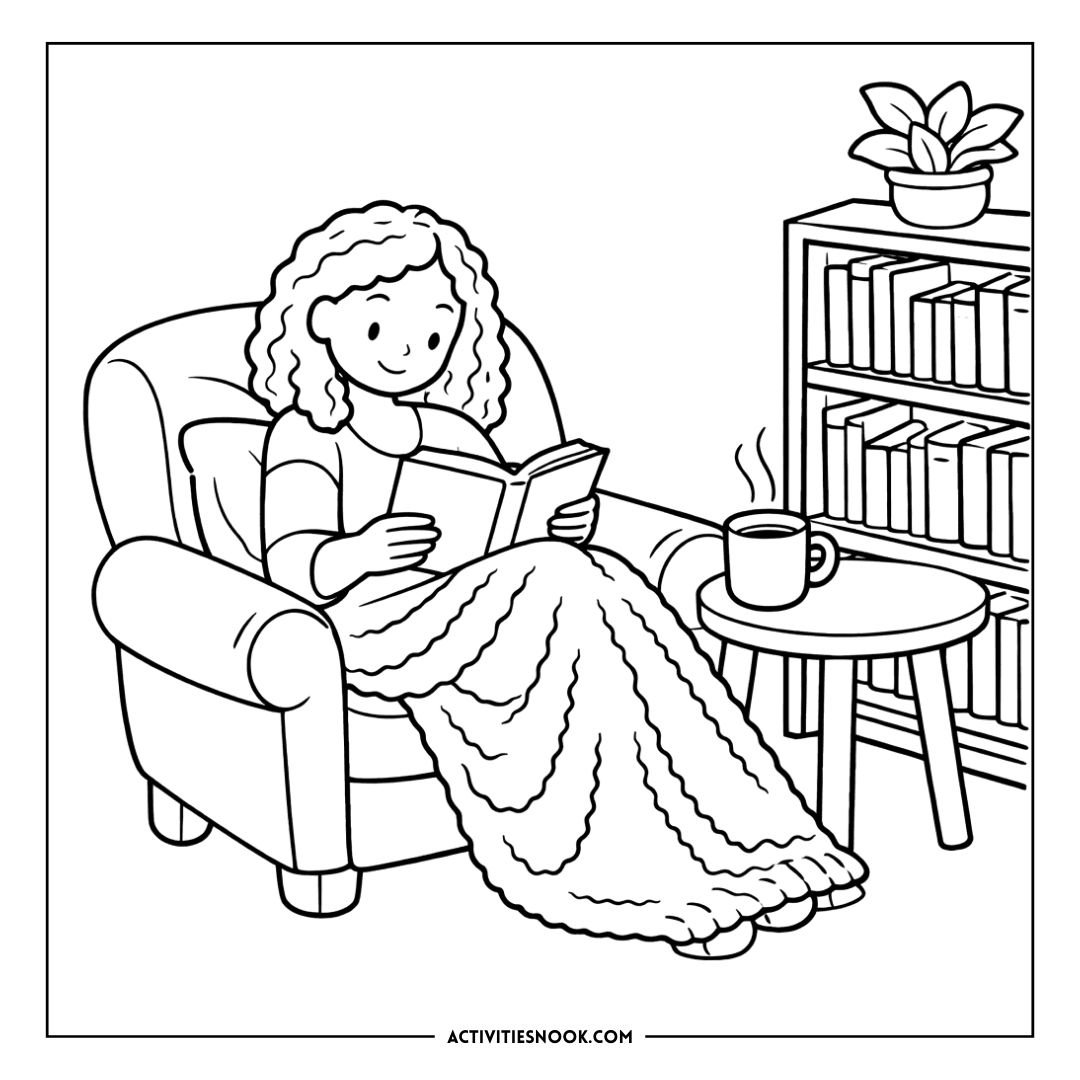 Person relaxing in a cozy living room armchair, reading a book draped in a plush blanket beside a steaming mug and a bookshelf.