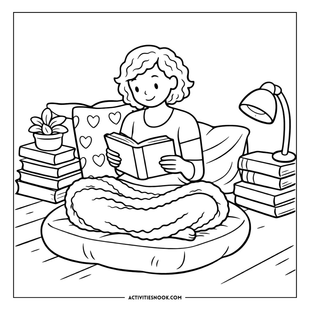 Line drawing of a person sitting cross-legged on a round bean bag, reading a book, with a stack of books, a potted plant, and a desk lamp in a cozy reading nook.