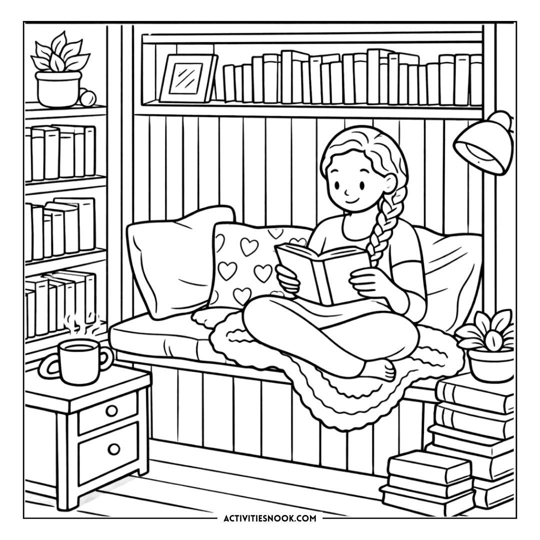 Cozy reading nook illustration: a girl sits cross‑legged on a cushioned window seat, reading a book with a blanket, surrounded by bookshelves and plants and soft light.