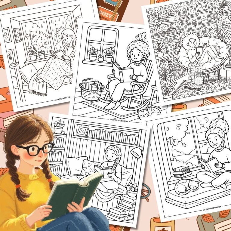 Collage of coloring-page illustrations and a foreground girl in a yellow sweater reading a green book, surrounded by cozy reading nooks and houseplant sketches.