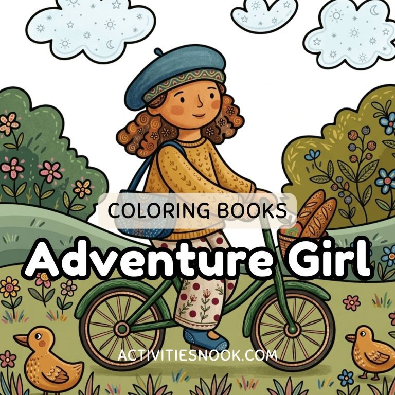 Whimsical Adventure Girl on a bicycle with curly-haired rider in a teal beret, riding through blooming gardens with ducks nearby and fluffy clouds in the sky