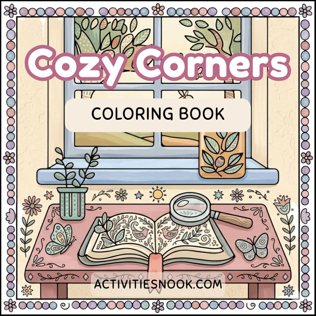 Cozy Corners Coloring Book Cover thumbnail featuring a window view, potted plant, magnifying glass, open coloring book, and pastel floral border in soft tones.